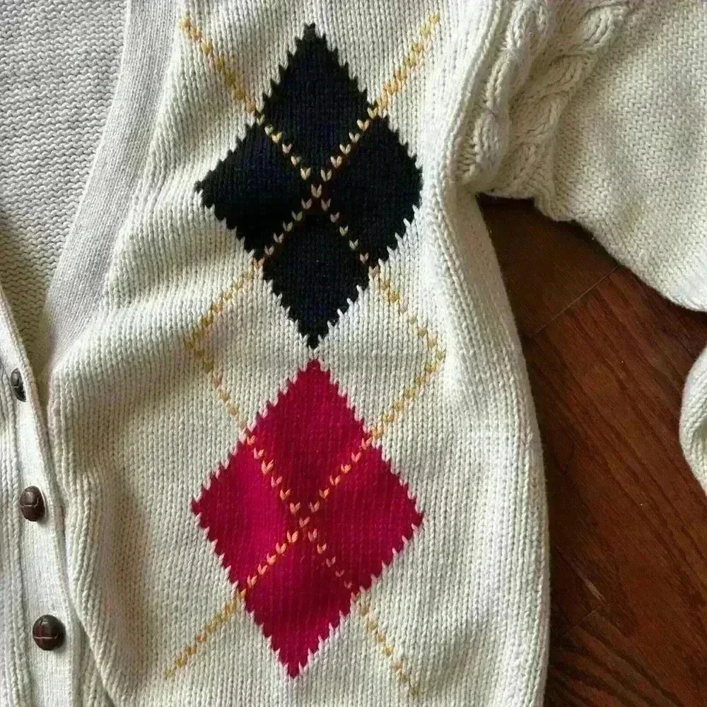 Vintage 90's Argyle Cardigan Sweater Shoulder Pads Country Club Prep size Large